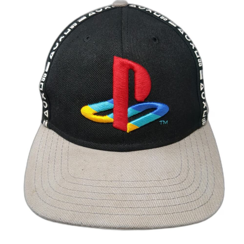 PlayStation Snapback Hat Black Gray One Size Button Icon Tape Embroidered Logo